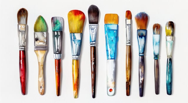 Artistic collection of various paint brushes arranged in a row on white surface for creative projects and crafting ideas