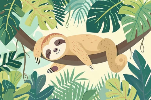 Sleeping cute sloth on tree branch in the jungle illustration for nature and wildlife travel and adventure concept