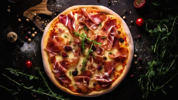 Delicious aromatic pizza with gooey cheese, salami, pepperoni, and basil, next to the ingredients on a dark table surface. Making pizza in a private pizzeria, small business, private business, chain restaurant, flavorful food, advertising, copy space