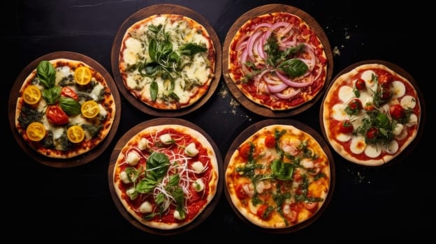 Large quantity of delicious aromatic pizza gooey cheese, salami, pepperoni, and basil, next ingredients dark table surface. Making pizza in a private pizzeria, small business, private business, chain restaurant, flavorful food, advertising copy space