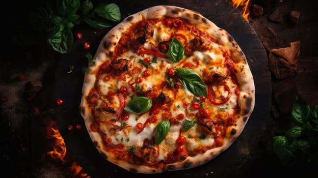 Delicious aromatic pizza with gooey cheese, salami, pepperoni, and basil, next to the ingredients on a dark table surface. Making pizza in a private pizzeria, small business, private business, chain restaurant, flavorful food, advertising, copy space