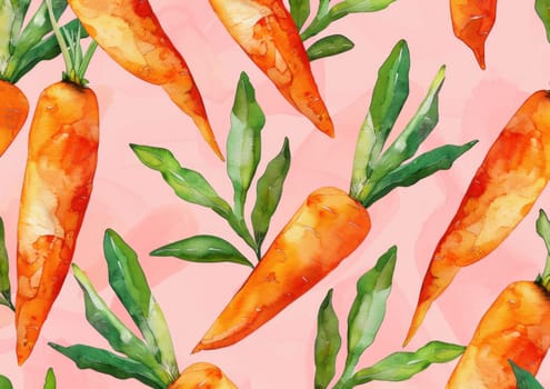 Watercolor seamless pattern with carrots on pink background, illustration of organic vegetables for kitchen and foodthemed designs