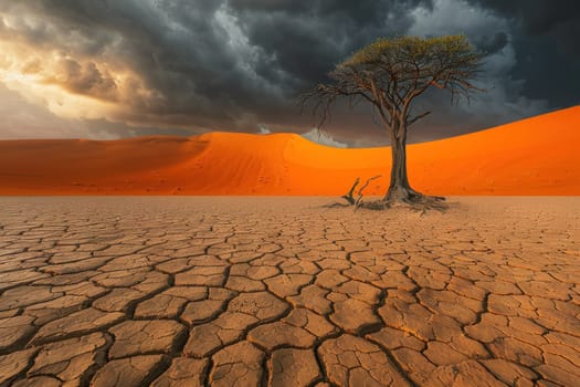 Solitary tree in the heart of the arid desert under a stormy sky a symbol of isolation and resilience