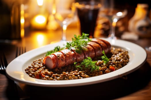 Cotechino with lentils raditional a Emilia-Romagna dish, with sausage served with lentils, symbolizing luck and prosperity for the new year.