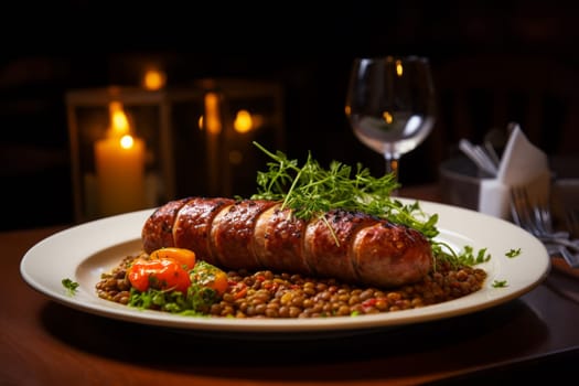 Cotechino with lentils raditional a Emilia-Romagna dish, with sausage served with lentils, symbolizing luck and prosperity for the new year.