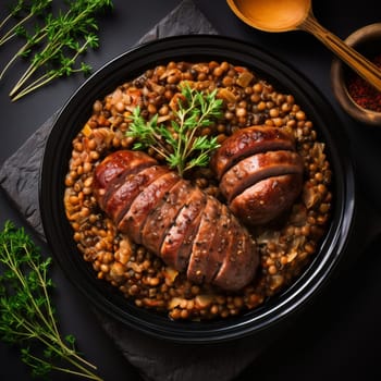 Cotechino with lentils raditional a Emilia-Romagna dish, with sausage served with lentils, symbolizing luck and prosperity for the new year.