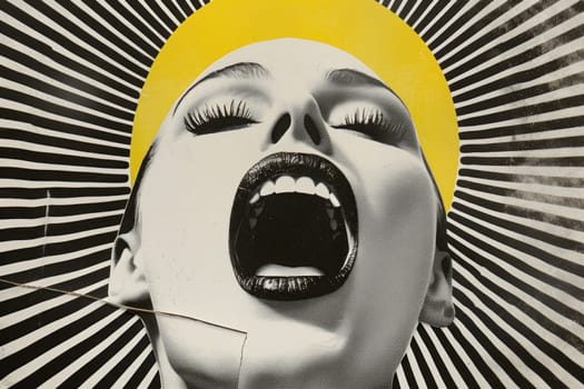 Woman with open mouth in front of black and white striped background with yellow sun traveling in style