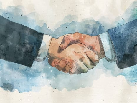 Business professionals shaking hands in front of blue and white watercolor background