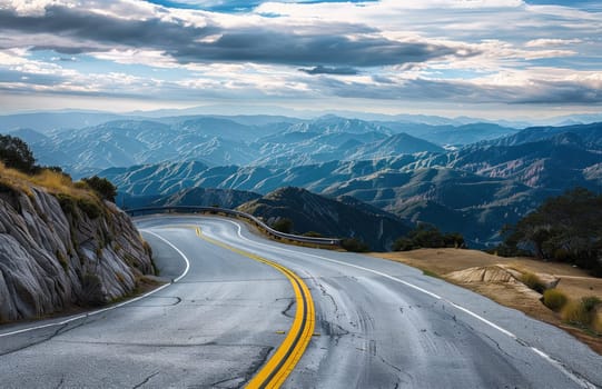 Scenic mountain road with cloudy sky for travel, adventure, nature, and exploration concept