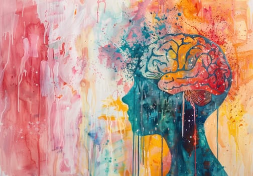 Abstract watercolor painting of a woman's head with brain for medical art and beauty inspiration