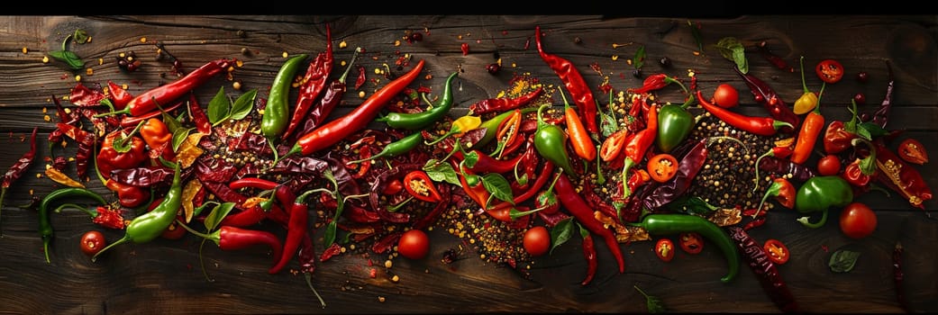 Fresh and dried chili peppers of various colors and shapes are scattered on a rustic wooden surface.