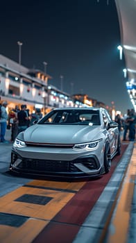 A white vehicle is parked in a parking lot at night, its automotive lighting illuminating the grille, hood, and tires. The sleek car design stands out in the dark