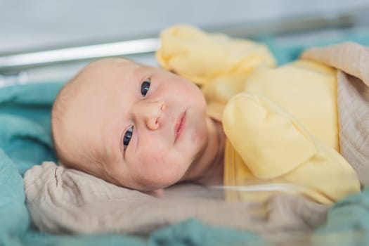 A newborn rests peacefully in his transparent bassinet in the hospital. The clear bassinet provides visibility for medical staff to monitor the baby's well-being while ensuring a safe and comfortable environment for the newborn.