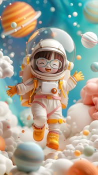 A plastic toy of a little girl in an astronaut costume happily flying surrounded by planets. A fun and sweet souvenir perfect for a winter event