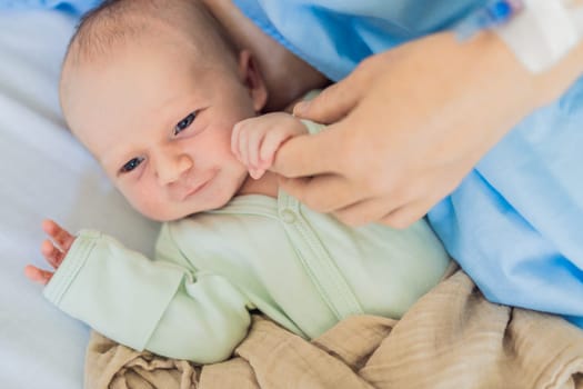 A baby lies with the mother after childbirth, resting peacefully. The serene moment captures the bond between mother and child as they begin their journey together. The hospital environment ensures a safe and comforting space for this intimate interaction.