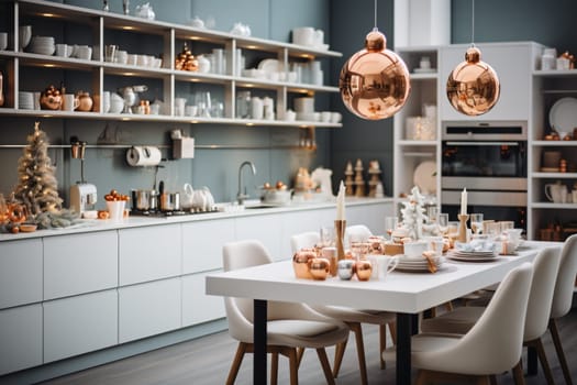 White modern kitchen decorated for chrismas with red decorations, in a Scandinavian style. No people.