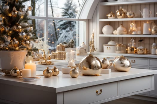 White modern kitchen decorated for chrismas with red decorations, in a Scandinavian style. No people.