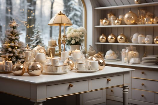 White modern kitchen decorated for chrismas with red decorations, in a Scandinavian style. No people.