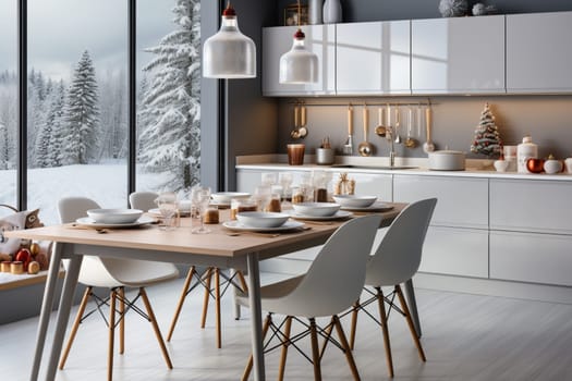 White modern kitchen decorated for chrismas with red decorations, in a Scandinavian style. No people.