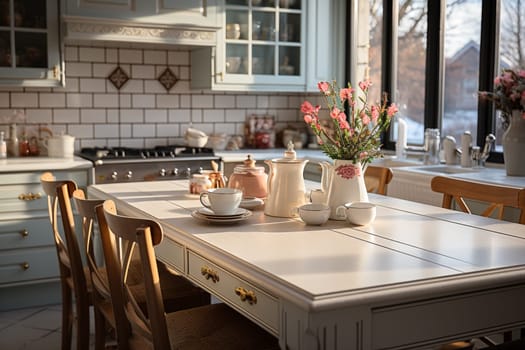 White modern kitchen decorated for chrismas with red decorations, in a Scandinavian style. No people.