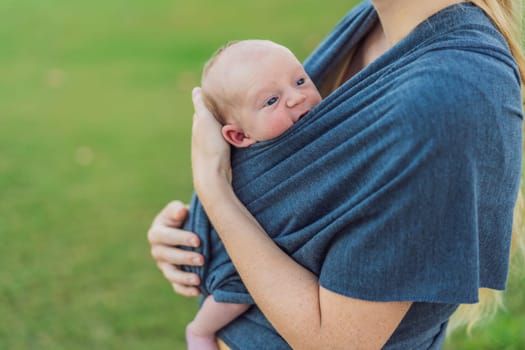 Mom walks with her newborn baby in a sling. This moment highlights the close bond between mother and child, promoting comfort, security, and the benefits of babywearing in everyday life.