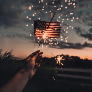 A person holds sparklers and an American flag in front of a scenic sunset.