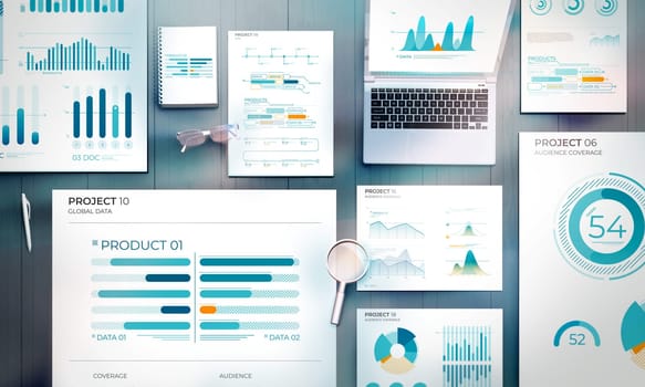 Top view of an office table with a set of documents with business infographics.