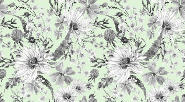 Seamless monochrome watercolor pattern with daisies and wildflowers drawn in watercolor