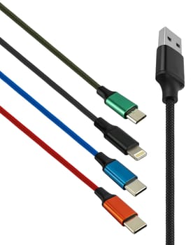 micro USB, Lightning and Type-C cable on white background in insulation