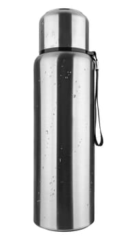 Metal thermos for hot and cold drinks on white background in insulation