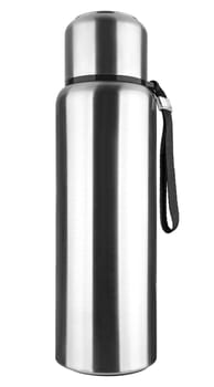 Metal thermos for hot and cold drinks on white background in insulation