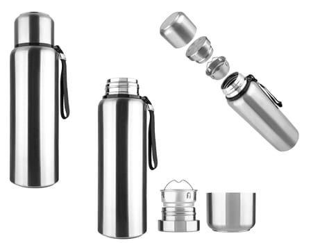 Metal thermos for hot and cold drinks on white background in insulation