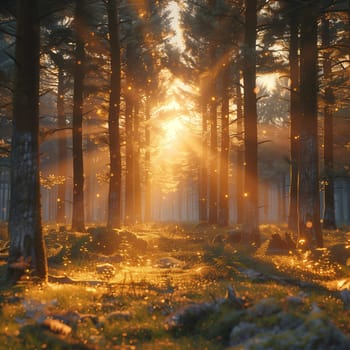 The image captures a stunning sunset in a dense pine forest.