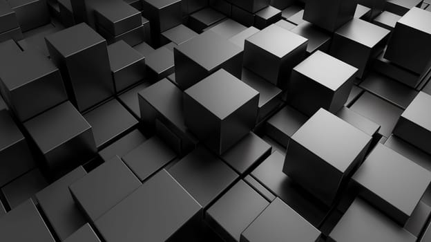 A monochromatic view showing a multitude of black cubes arranged in a repeating pattern, creating an illusion of depth and structure - Generative AI