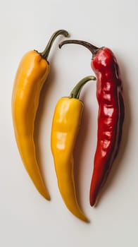 Two yellow chili peppers and one red chili pepper arranged in an alternating pattern on a plain, light surface - Generative AI