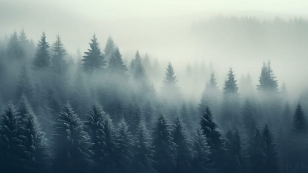 Layers of forested hills shrouded in morning mist present a serene, monochromatic view - Generative AI