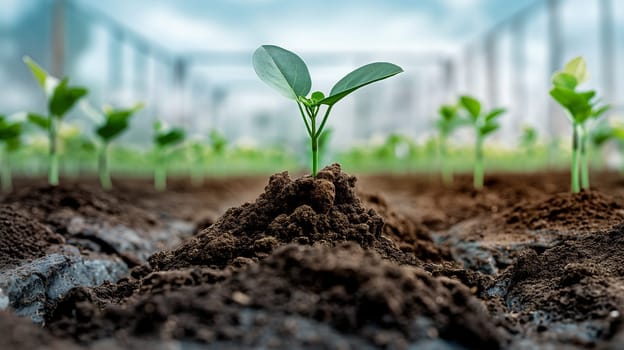 A close-up view of a vibrant young plant sprouting from rich, dark soil, backed by a soft-focus view of a greenhouse environment - Generative AI