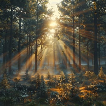The image captures a stunning sunset in a dense pine forest.