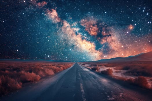 A road with a long line of stars in the background.