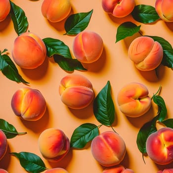 A pattern of peaches with green leaves as garnish on an orange background. This fruit is a key ingredient in many recipes, adding flavor and color to dishes in various cuisines