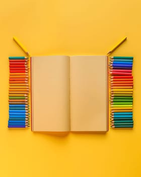A rectangular open book sits in the center, surrounded by vibrant colored pencils in tints and shades of magenta and electric blue on a yellow background