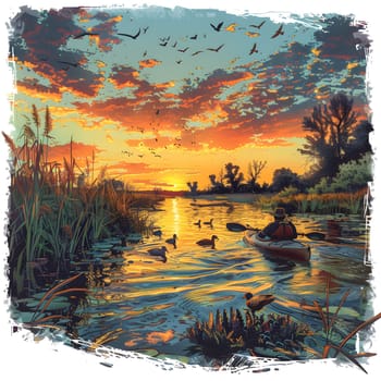 A rectangular painting depicting a person in a kayak on a river at sunset, surrounded by a natural landscape with colorful skies and clouds reflected in the water