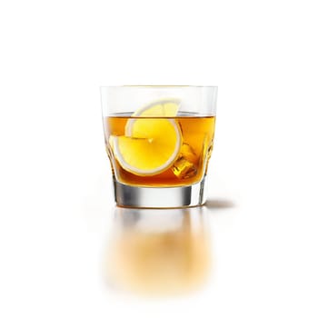 Rusty Nail glass short and sturdy containing a rich amber hued Scotch and Drambuie cocktail. Drink isolated on transparent background