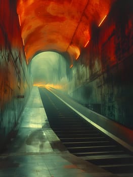 A train track inside a tunnel surrounded by a natural landscape with stairs leading up to it. The asphalt road surface is illuminated by automotive lighting creating a picturesque scene