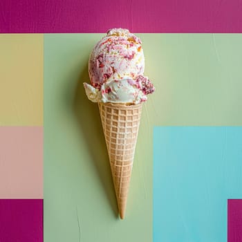 Scoops of ice cream in a waffle cone on a colorful background