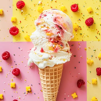 Scoops of ice cream in a waffle cone on a colorful background