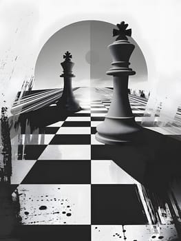 A monochrome photo featuring two chess pieces on a board, showcasing symmetry and patterns. Indoor recreation captured in tints and shades