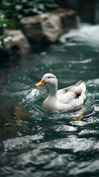 A white waterfowl with a yellow beak is gracefully swimming in a natural landscape pond alongside other ducks, geese, and swans
