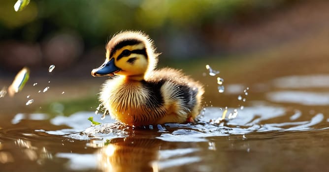 A duckling swims in the lake. Generative AI. High quality photo