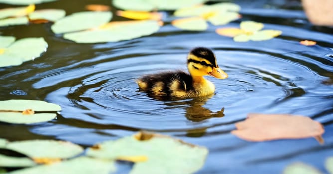 A duckling swims in the lake. Generative AI. High quality photo